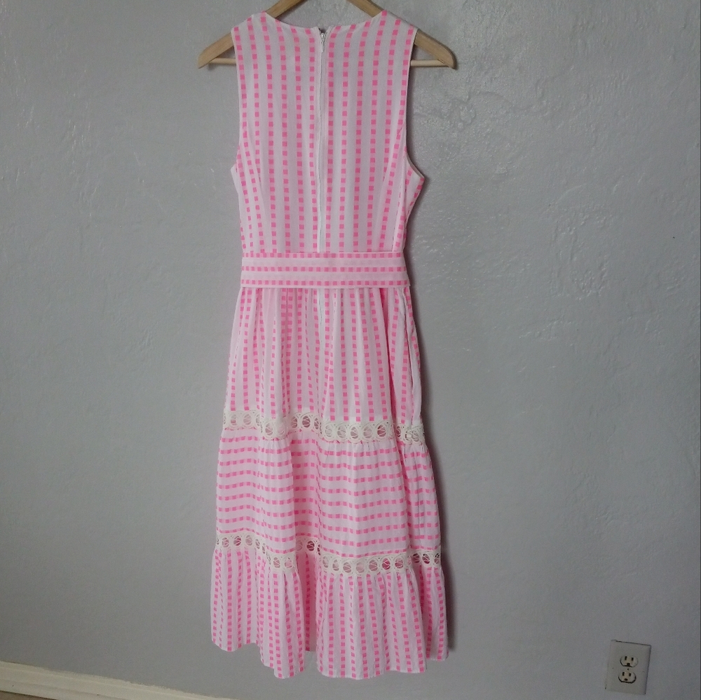 Lilly Pulitzer Maybella Tiered Midi Dress Pink Isle Gingham Lace Insert 6 - Picture 6 of 16